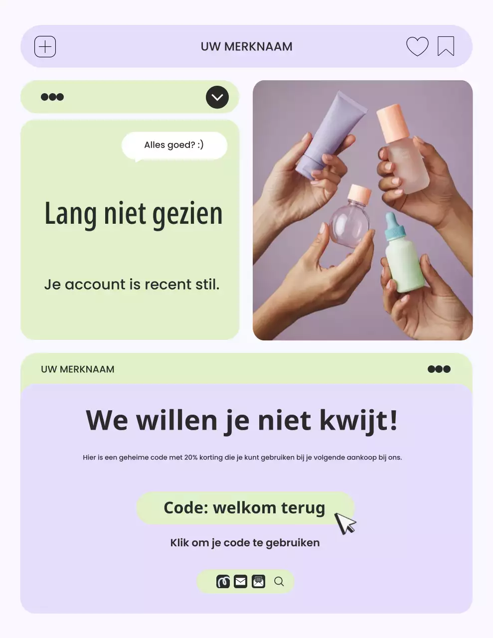 Paarse en groene minimalistische gebruikersinterface herinneringsbrief voor huidverzorgingscampagne