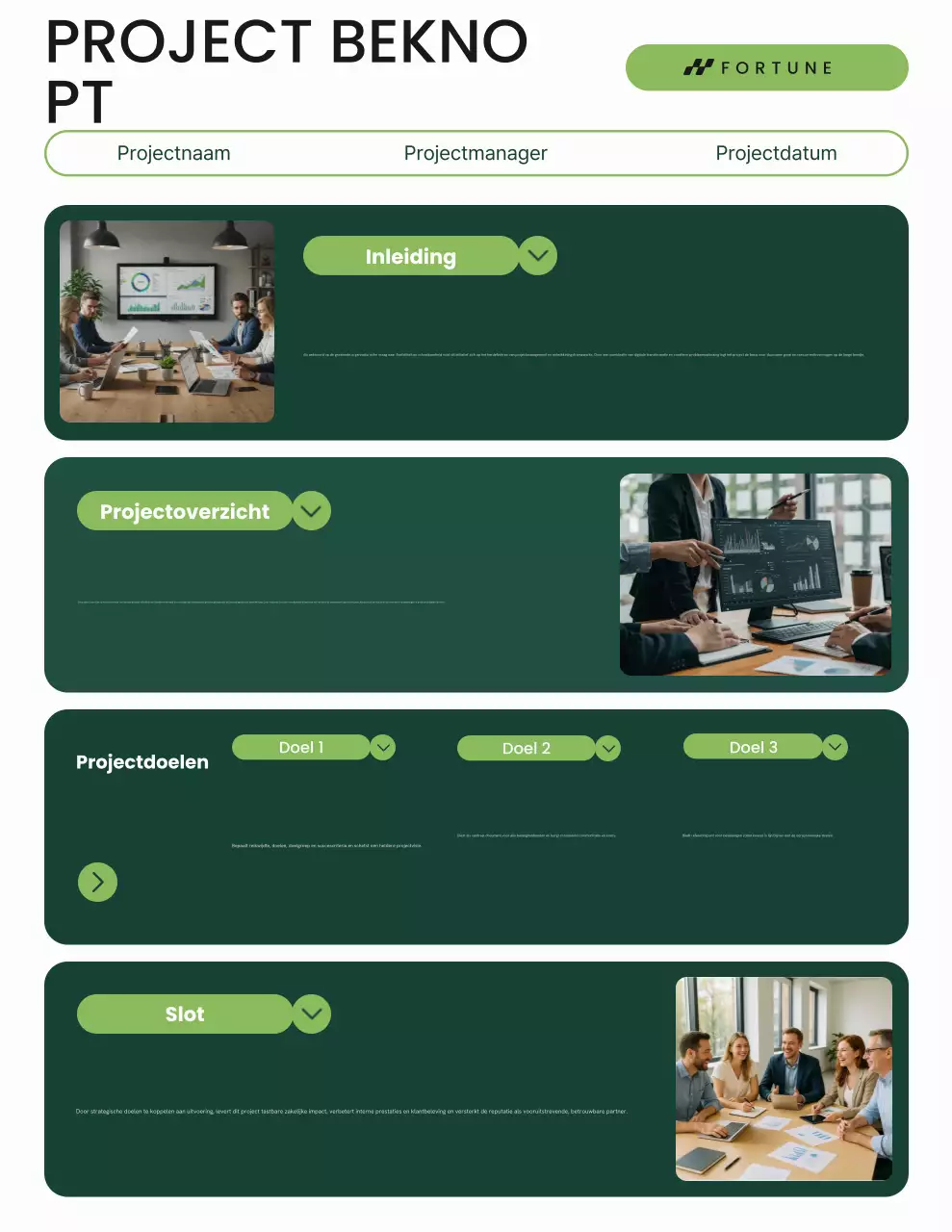 Groen-witte minimalistische UI-projectbeschrijving/rapportbrief