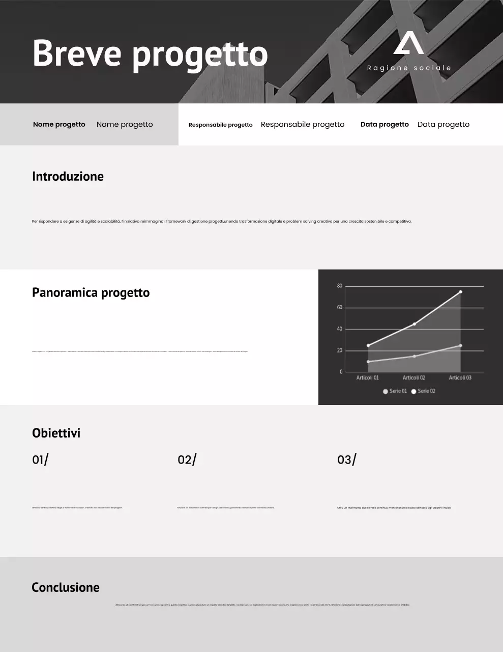 Lettera riassuntiva del progetto minimale grigio e nero