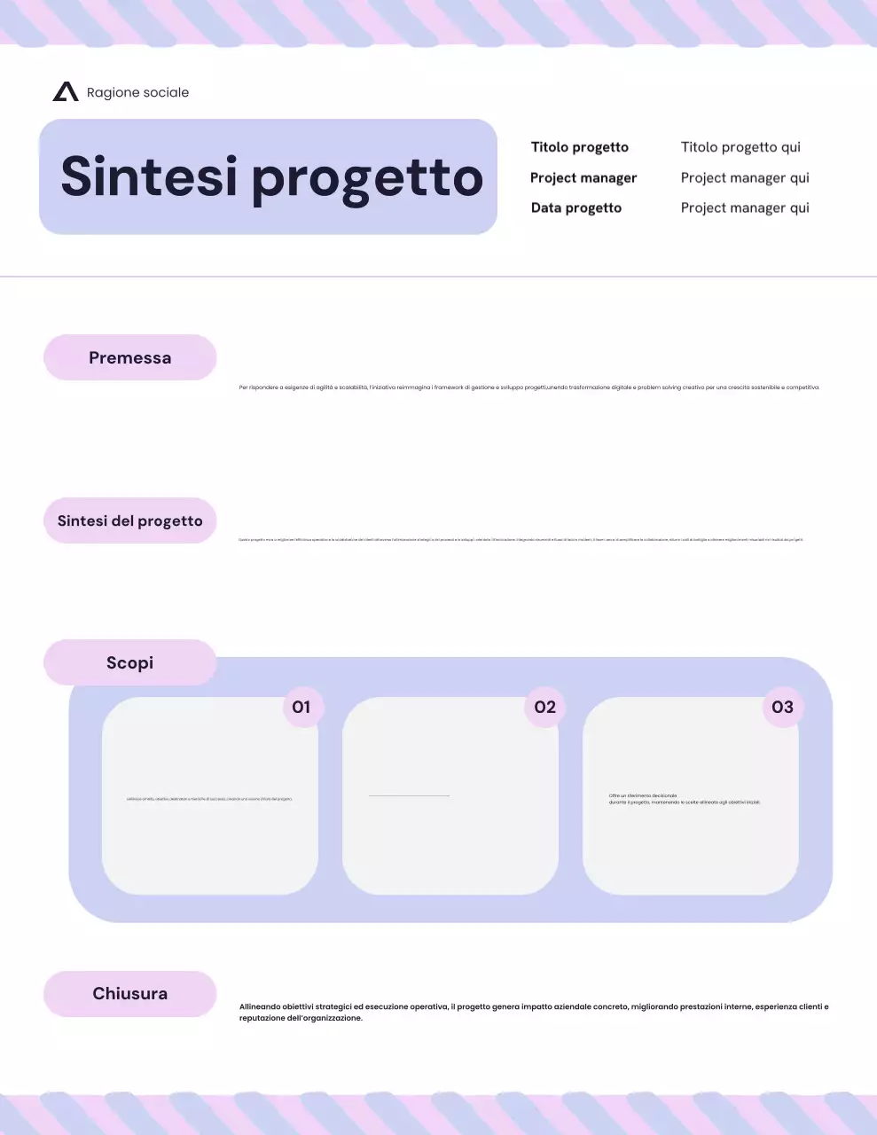 Lettera riassuntiva del progetto Bento minimalista viola e rosa