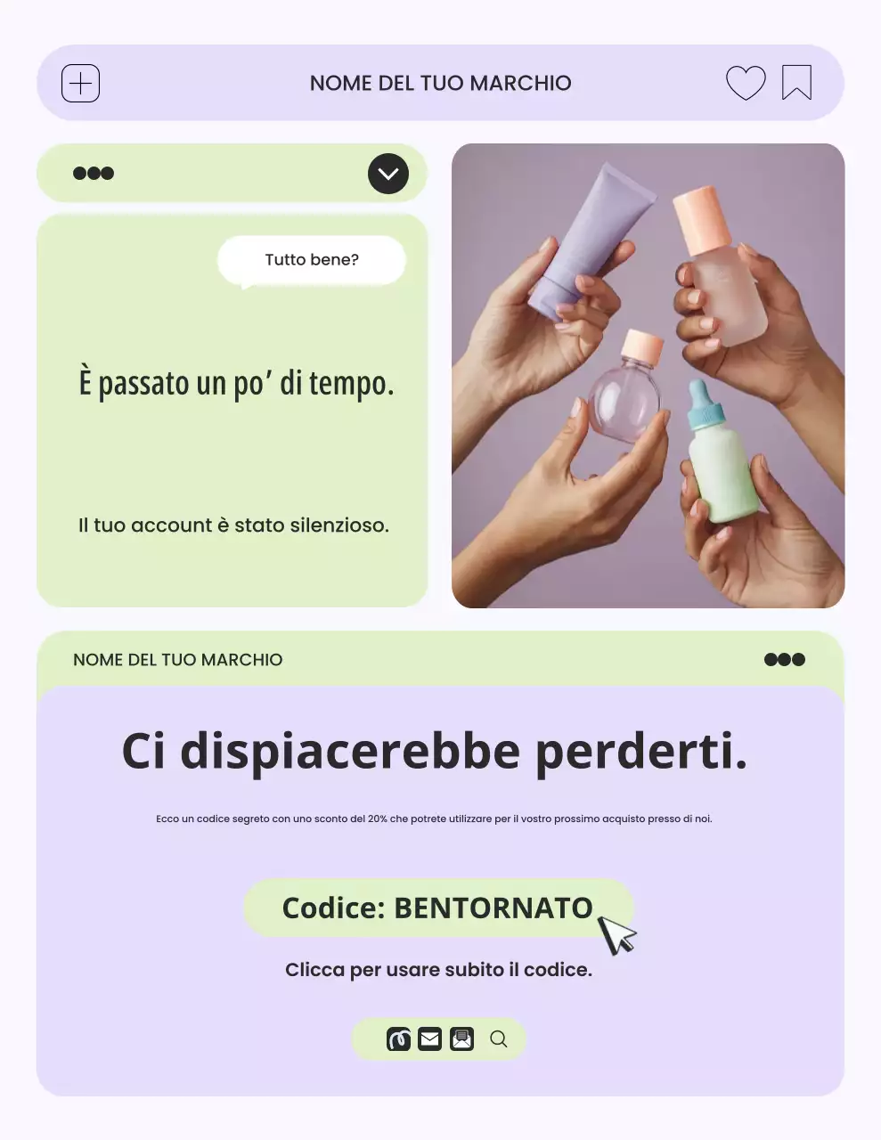 Lettera di promemoria per la campagna di skincare con interfaccia utente minimale viola e verde
