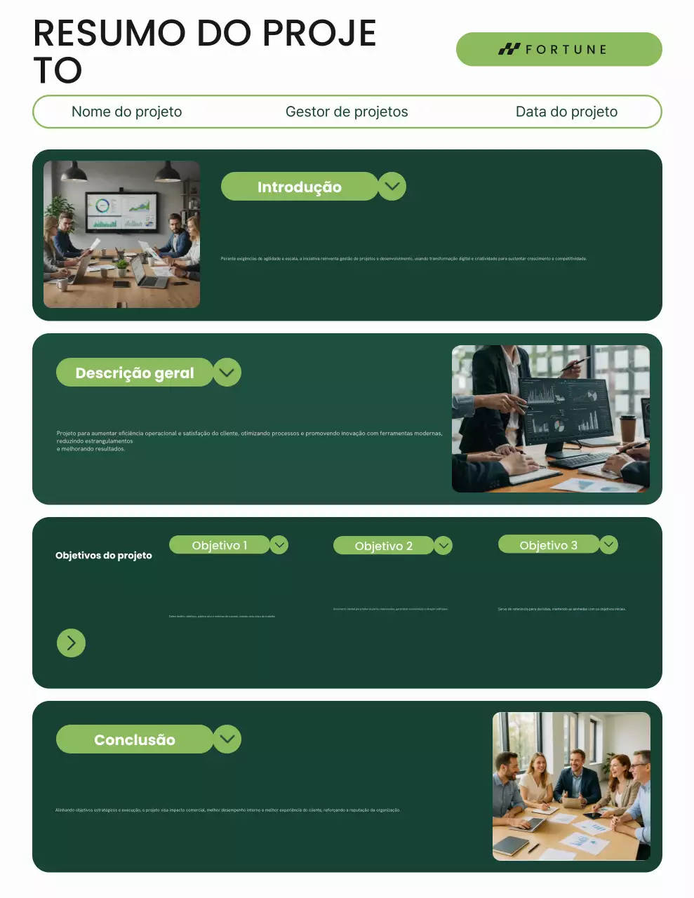 Carta de apresentação do projeto de interface minimalista em verde e branco