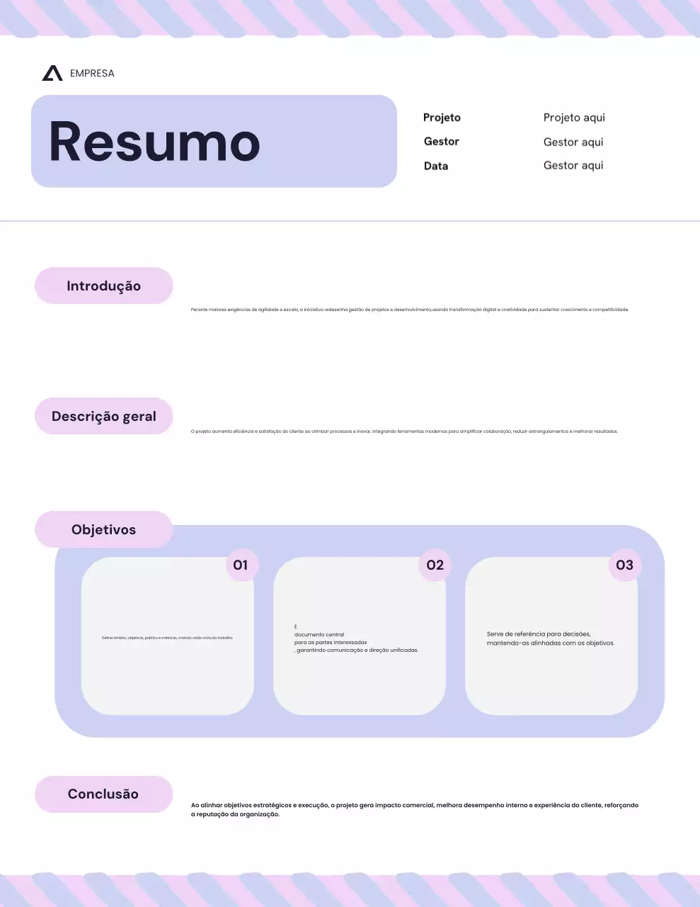 Carta de apresentação do projeto minimalista Bento em tons de roxo e rosa