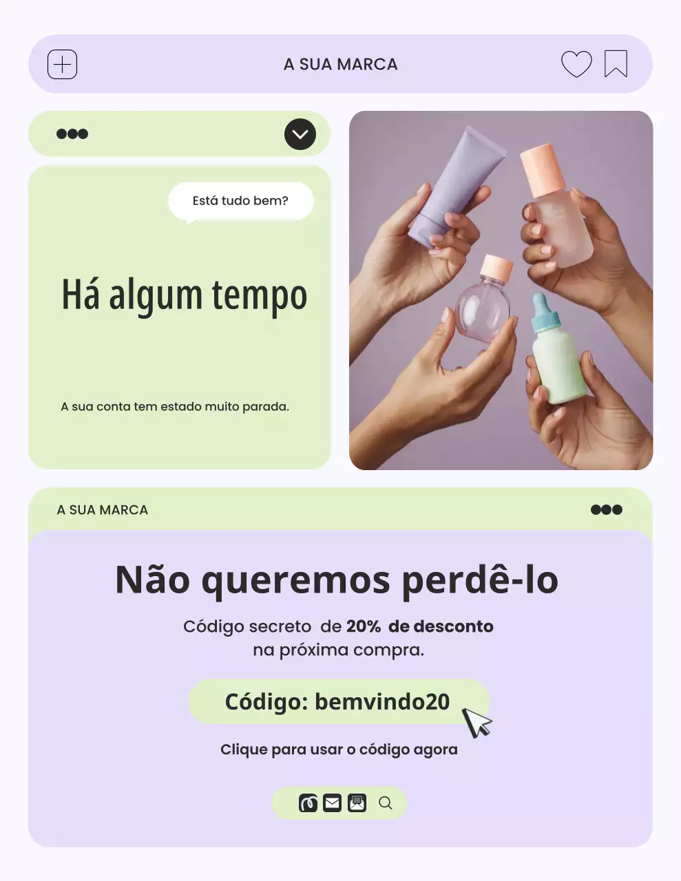 Carta de lembrete da campanha de cuidados com a pele com interface minimalista em tons de roxo e verde