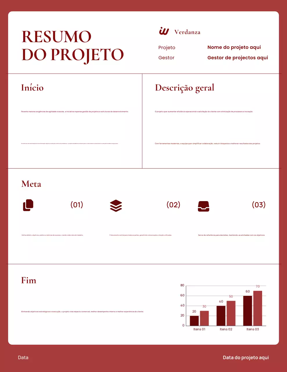 Carta de apresentação do projeto minimalista em vermelho e branco