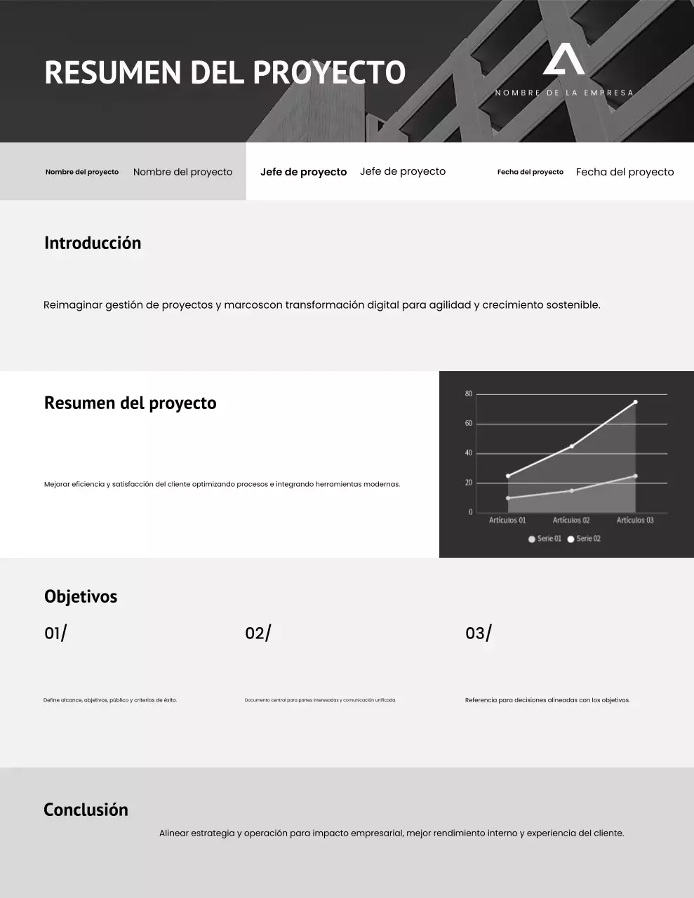 Carta informativa sobre proyecto minimalista en gris y negro
