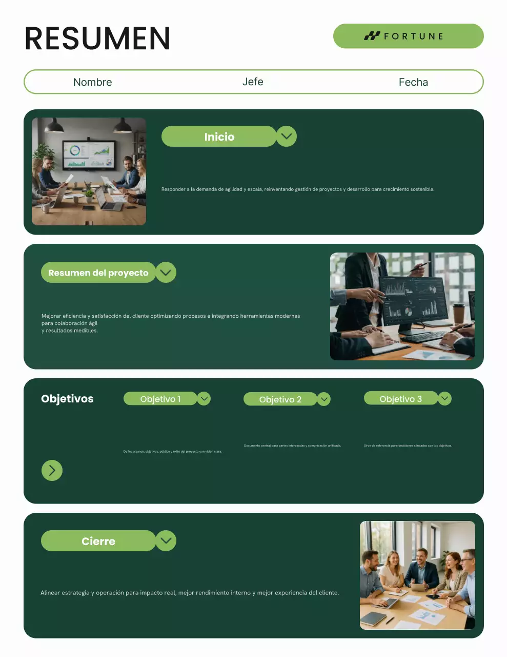 Carta de informe breve del proyecto de interfaz de usuario minimalista en verde y blanco