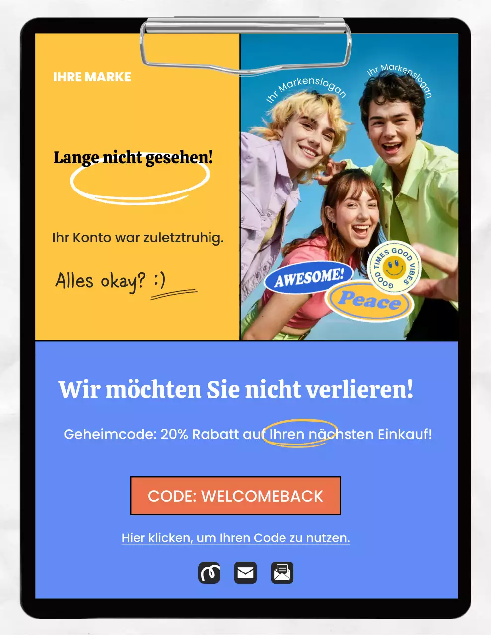 Gelber und blauer moderner minimalistischer Erinnerungsbrief für die Kampagne