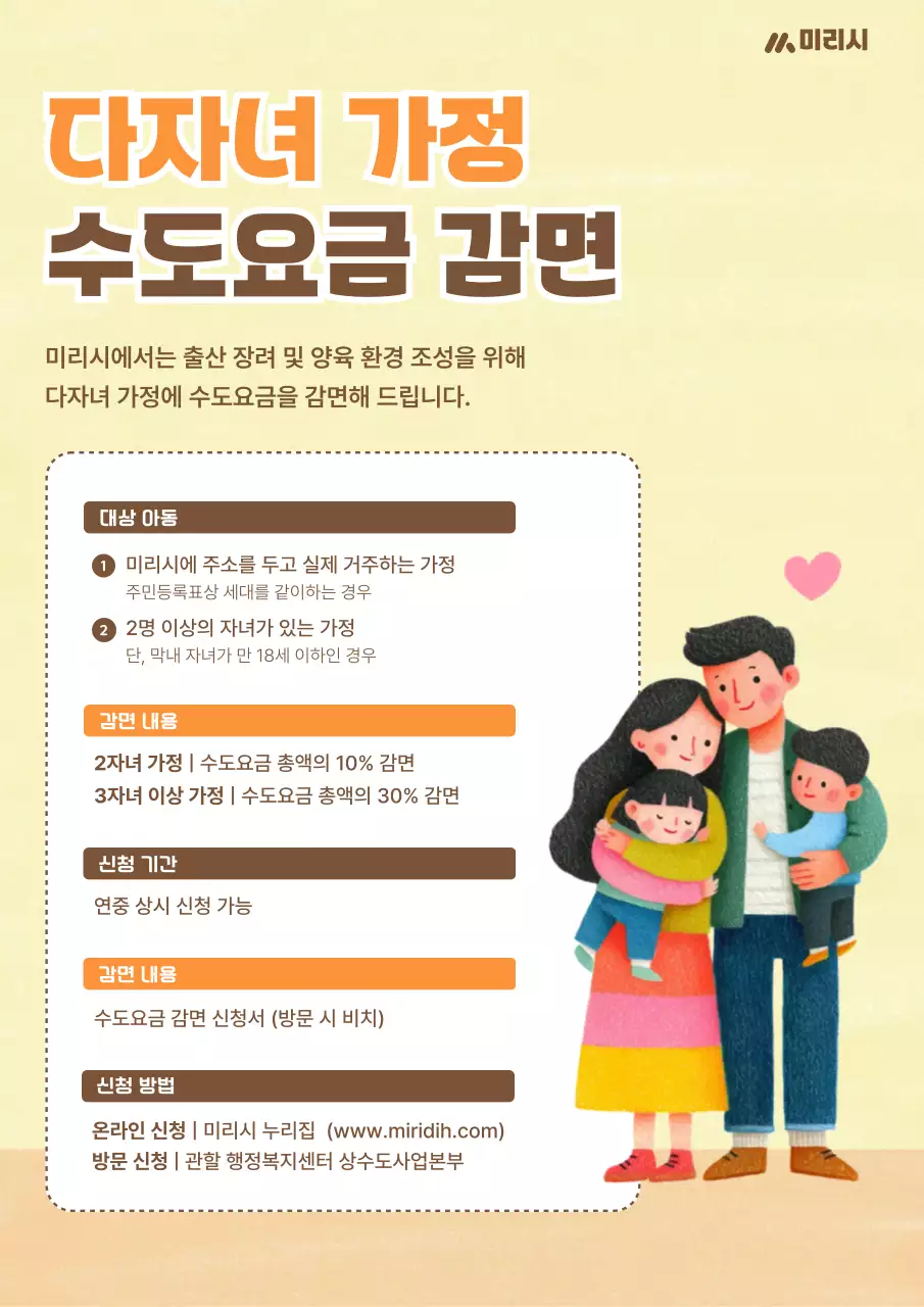 노랑의 아기자기한 다자녀 가정 수도요금 감면 안내