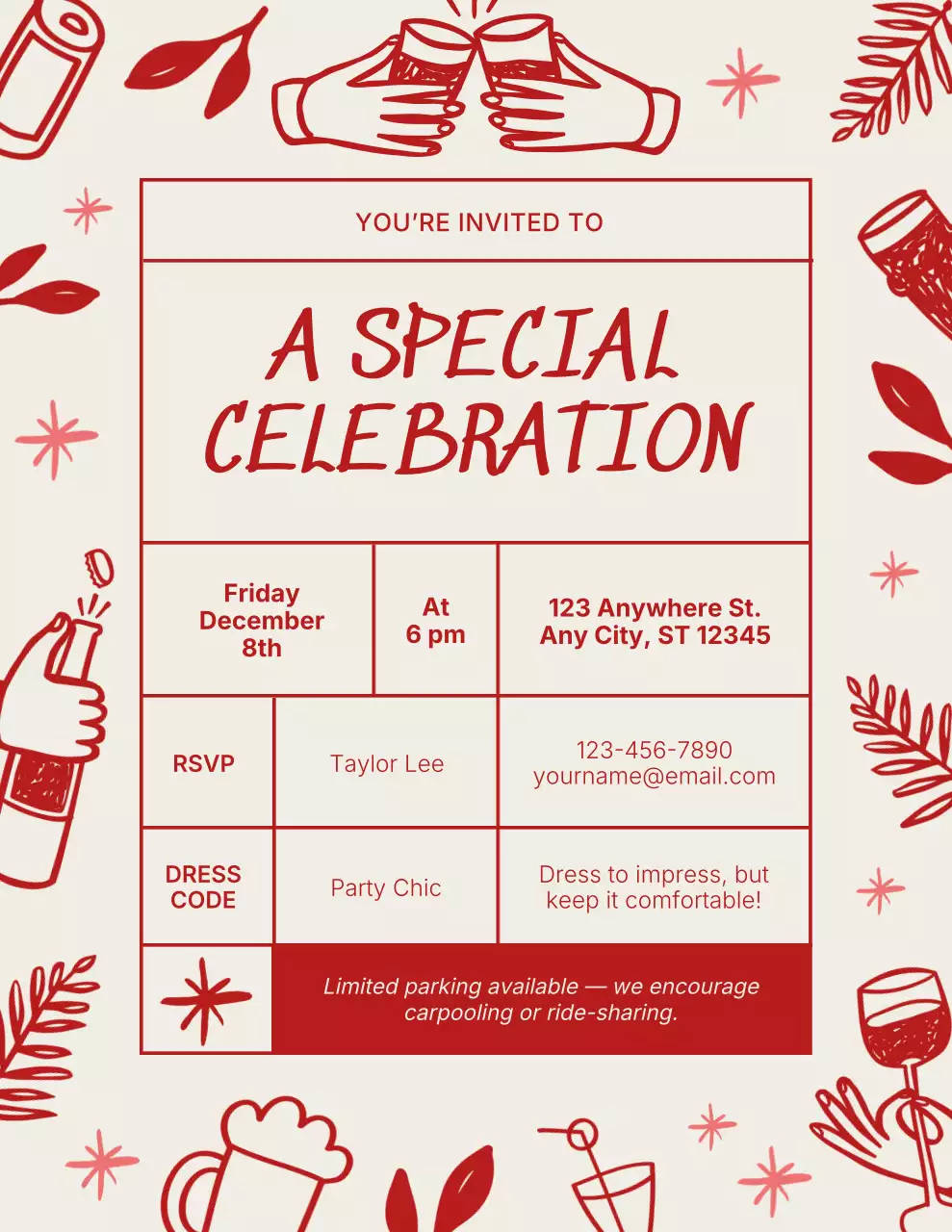 Red and Beige Doodle Celebration Invitation