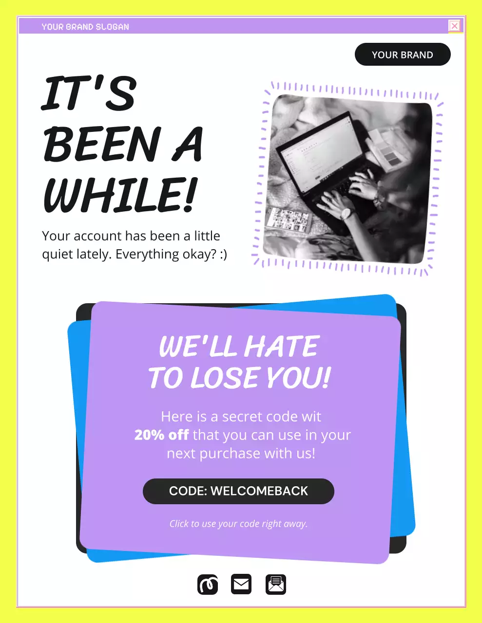 노란색과 파란색의 굵은 글씨로 된 브랜드 알림 캠페인 안내문