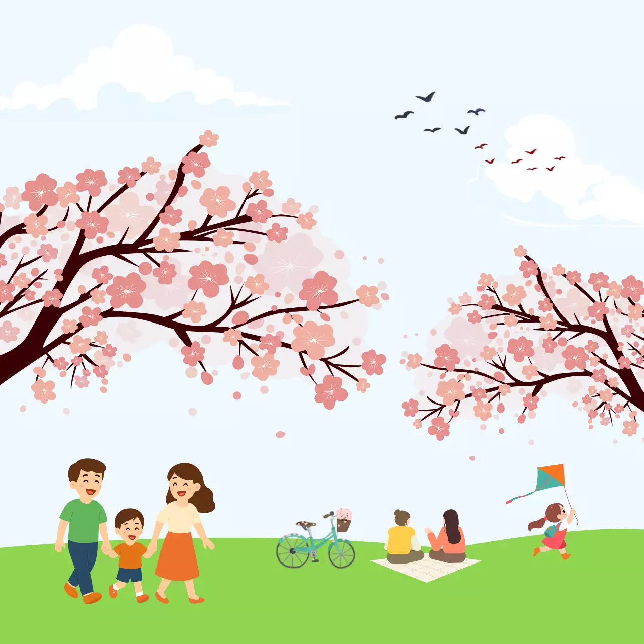 하늘색과 초록색의 아기자기한 봄나들이 필기 문구