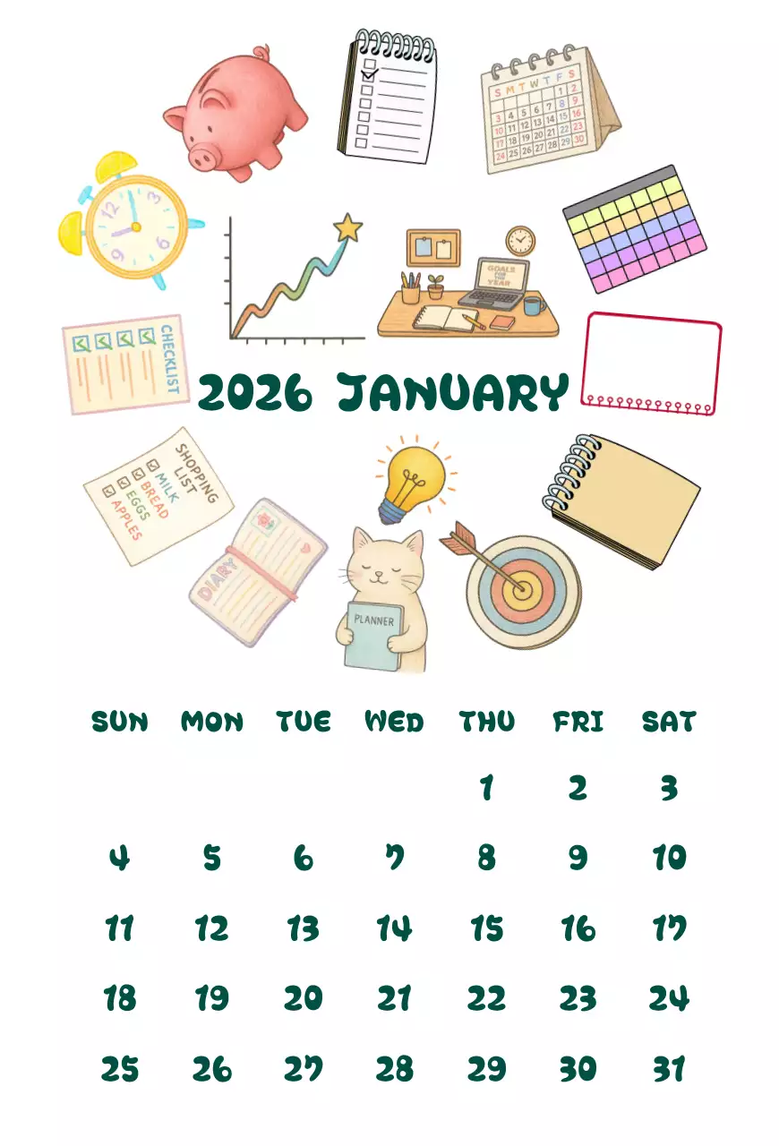 베이지 아기자기한 2026 JANUARY 캘린더