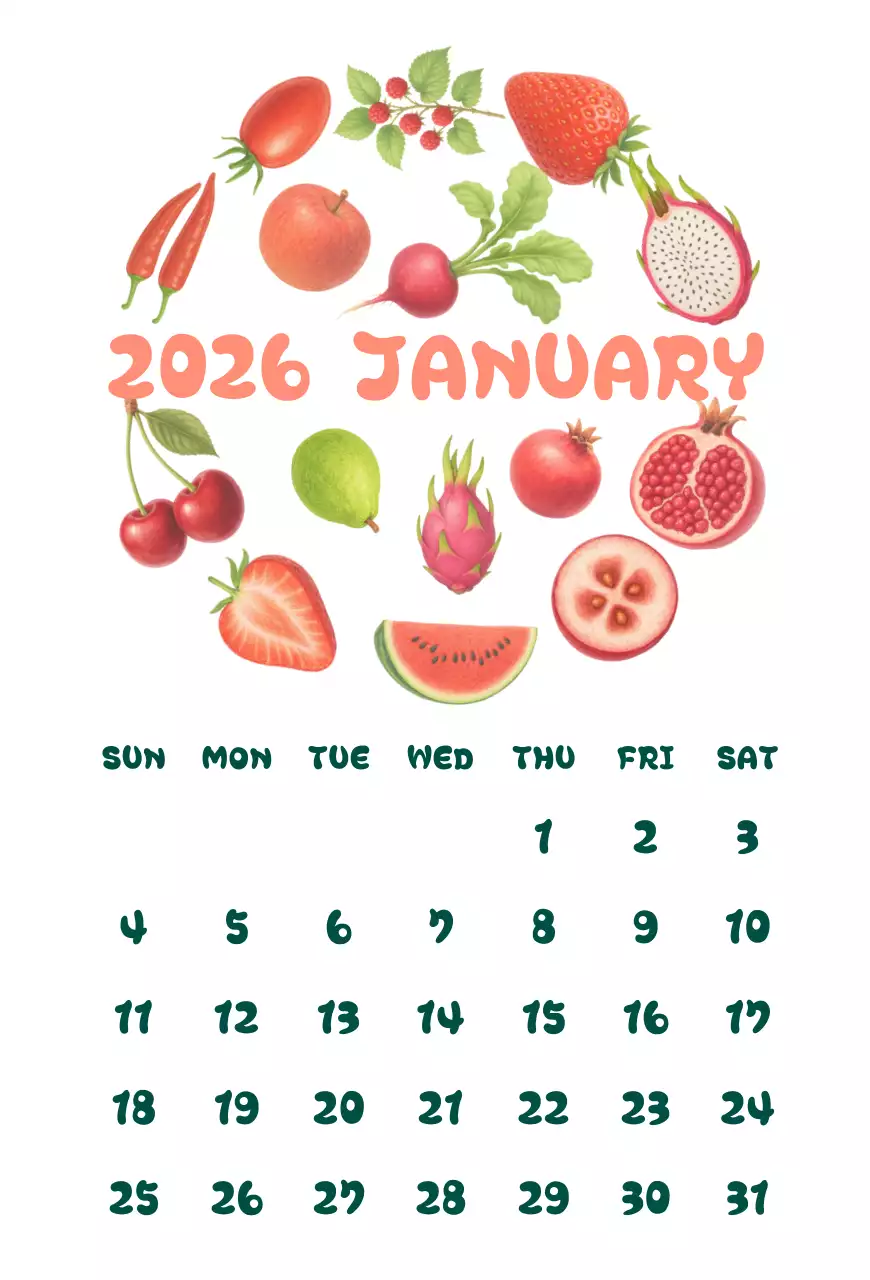 빨강 아기자기한 과일 야채 2026 캘린더
