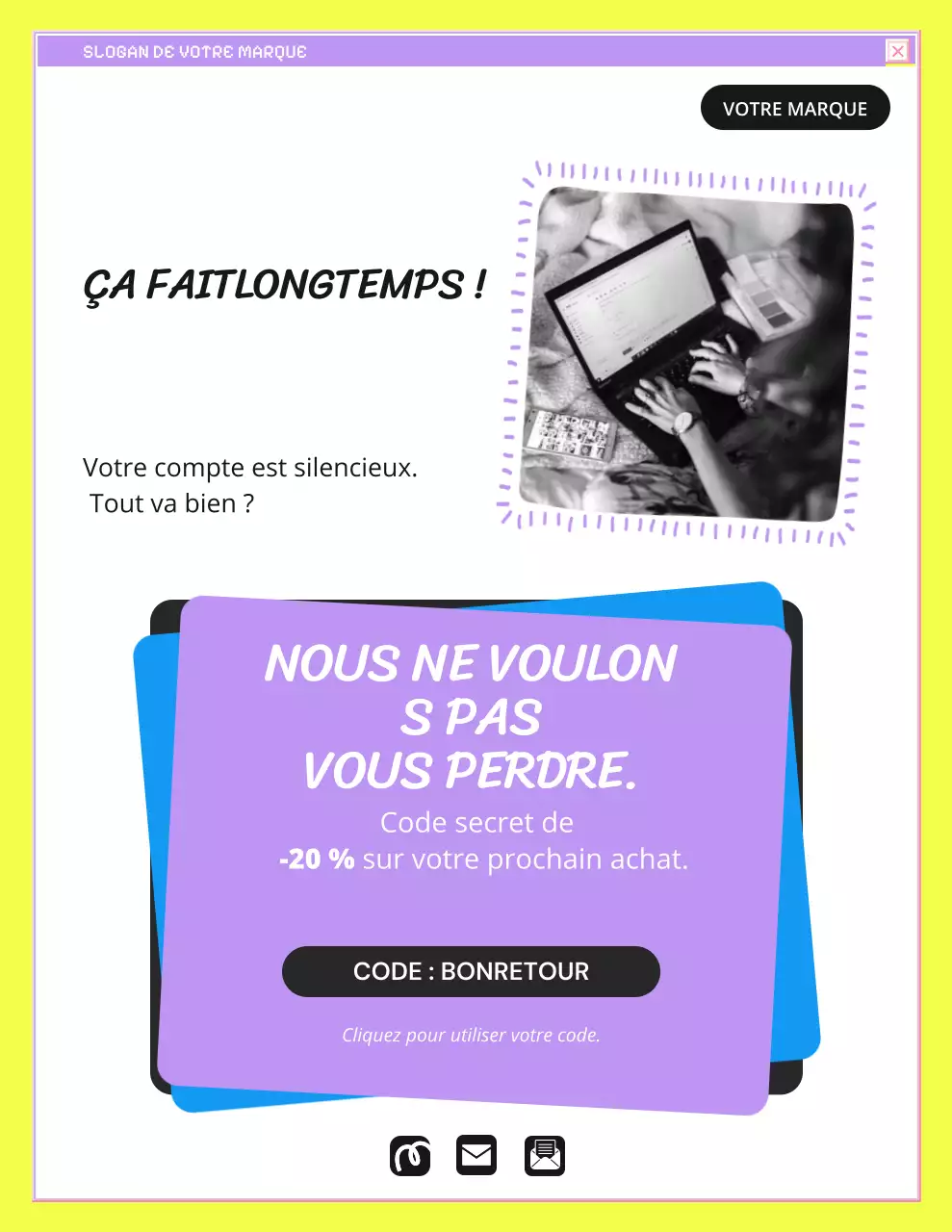 Lettre de campagne de rappel de marque jaune et bleue en gras