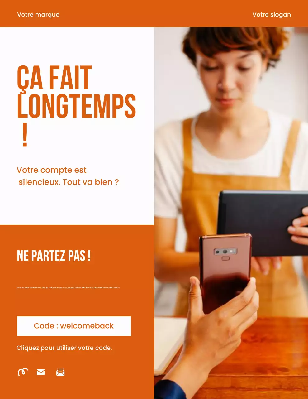 Lettre de rappel de campagne de mode minimaliste audacieuse orange et blanche