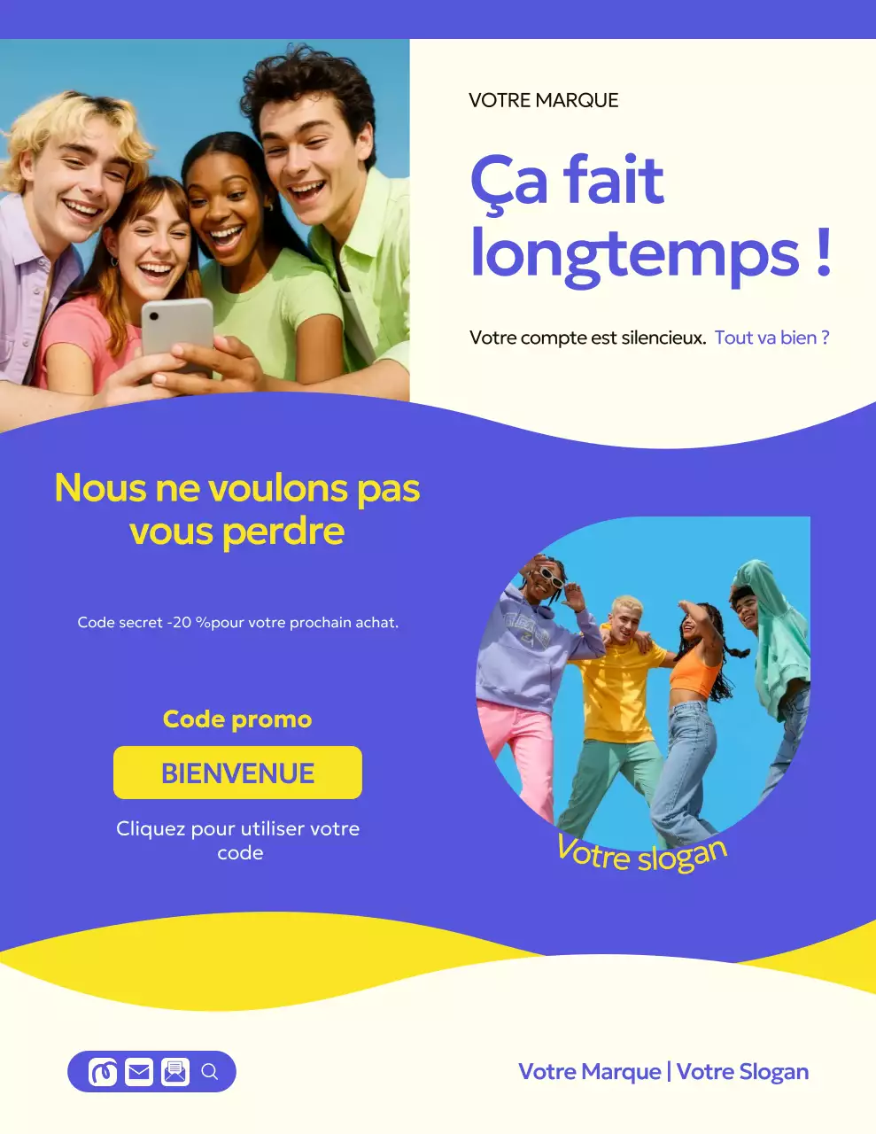 Lettre de rappel de campagne de marque ludique bleue et jaune pour le commerce de détail