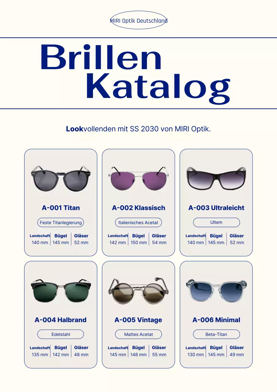 Katalog für moderne Brillen der Marine