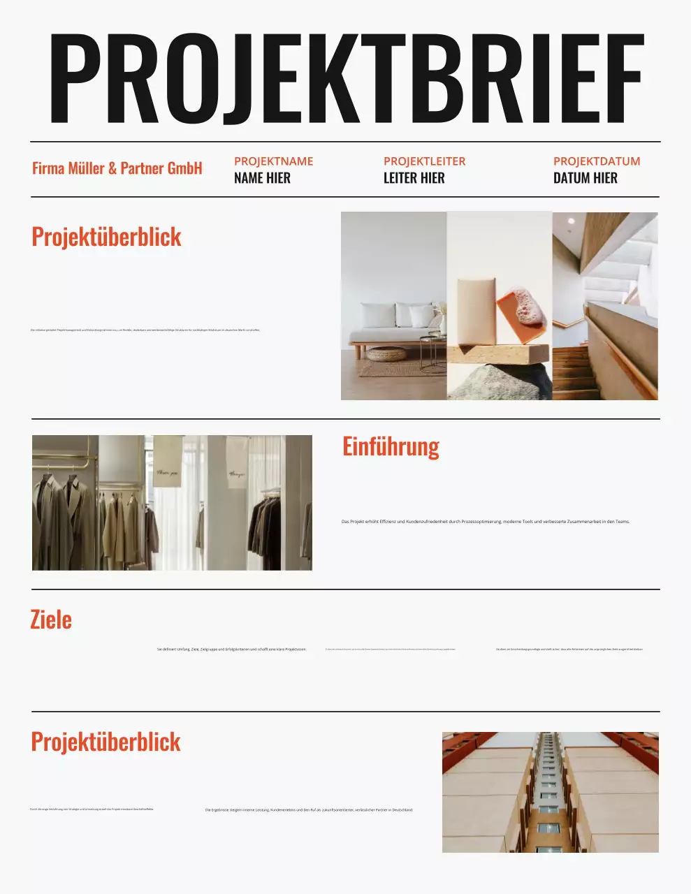 Schwarzer und orangefarbener, fetter minimalistischer Projektbericht