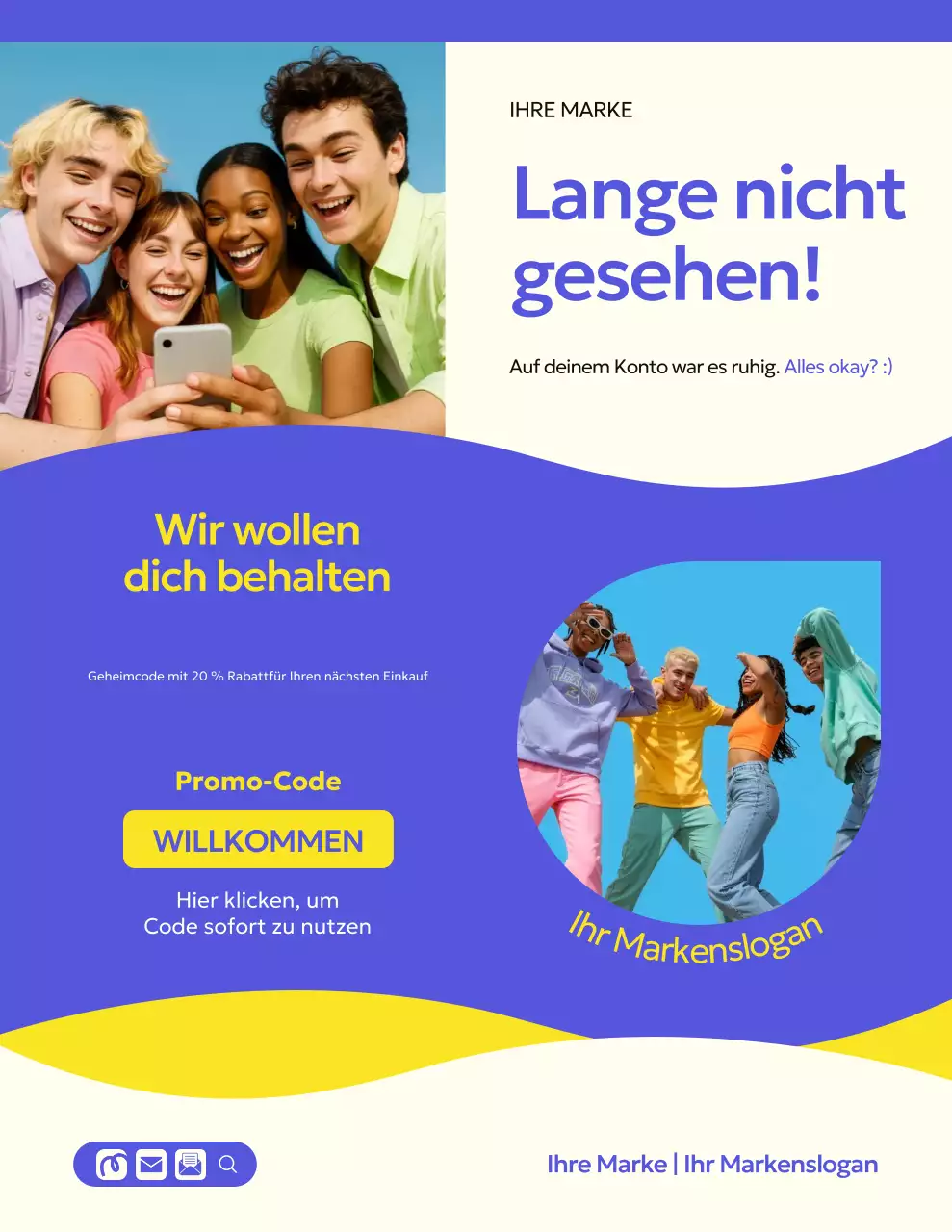 Erinnerungsschreiben für die verspielte Einzelhandelsmarkenkampagne in Blau und Gelb