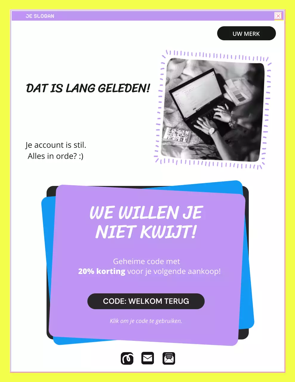 Opvallende merkherinneringsbrief in geel en blauw