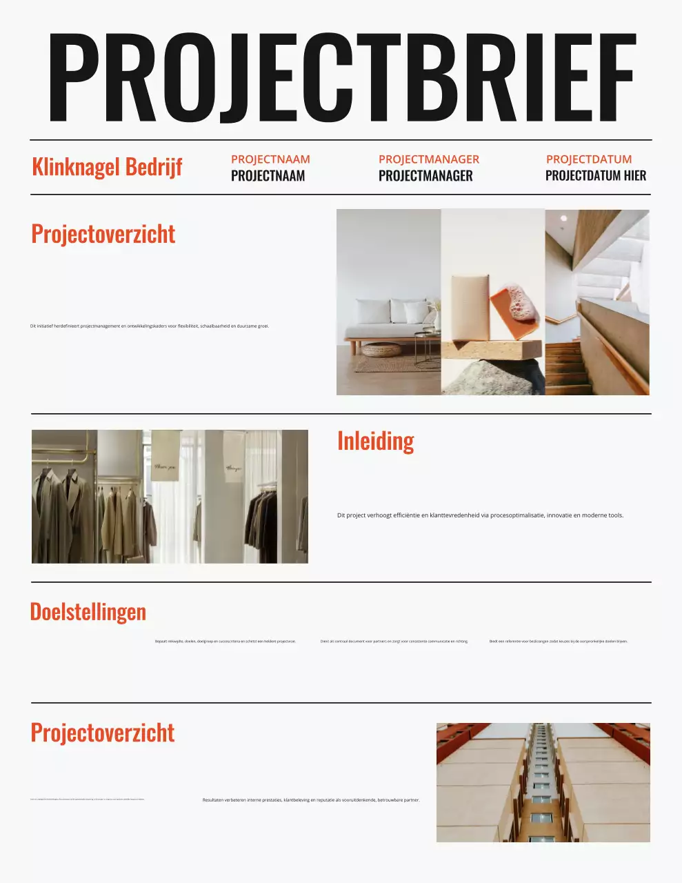 Zwart-oranje, opvallend minimalistisch projectoverzicht/rapportbrief