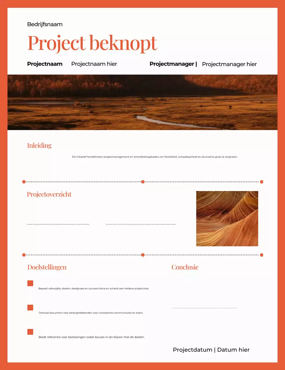 Projectbrief voor een modern minimalistisch project in wit en oranje