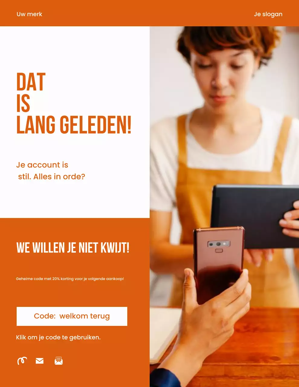 Campagnebrief met herinnering aan een opvallende, minimalistische mode in oranje en wit