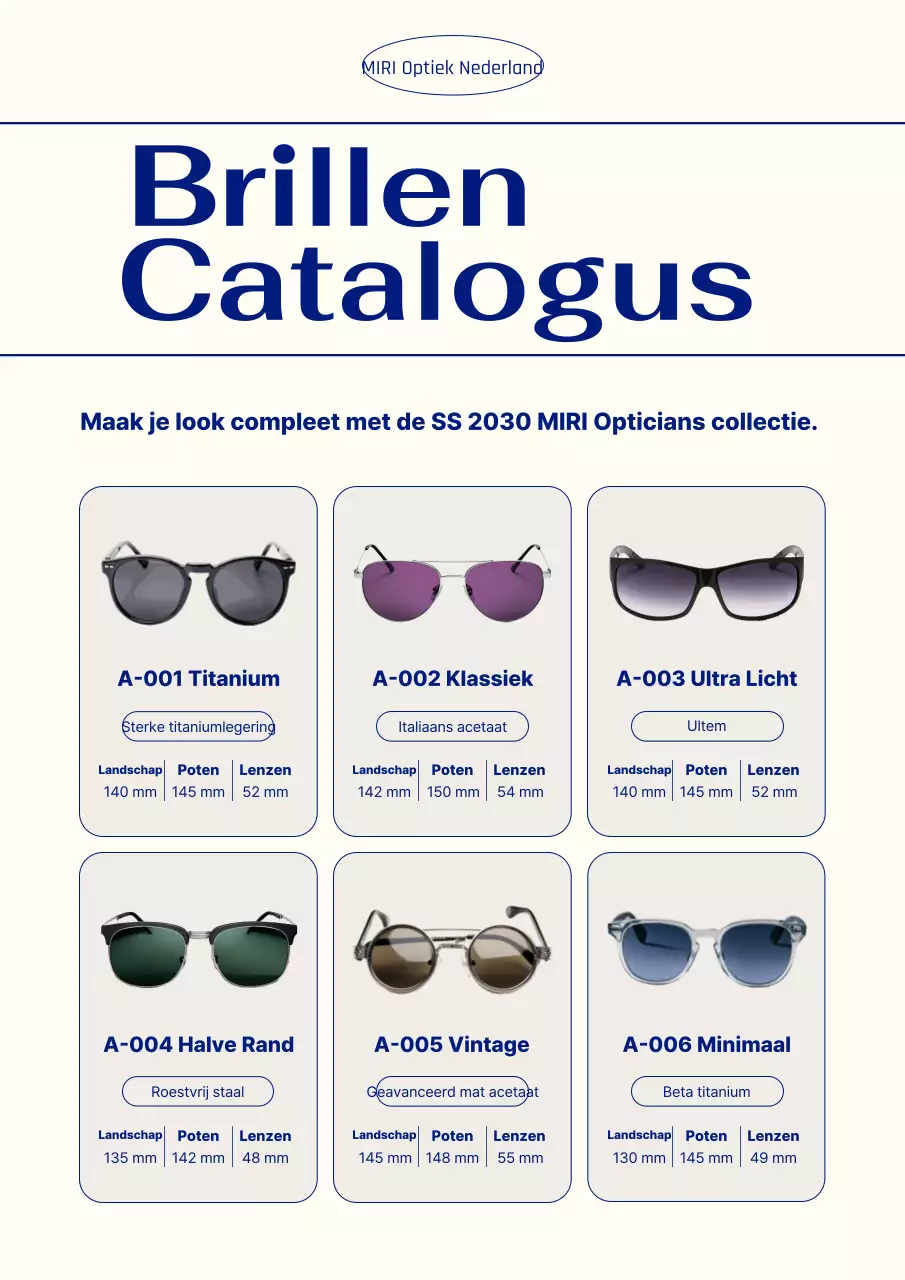 Marineblauwe moderne brillencatalogus