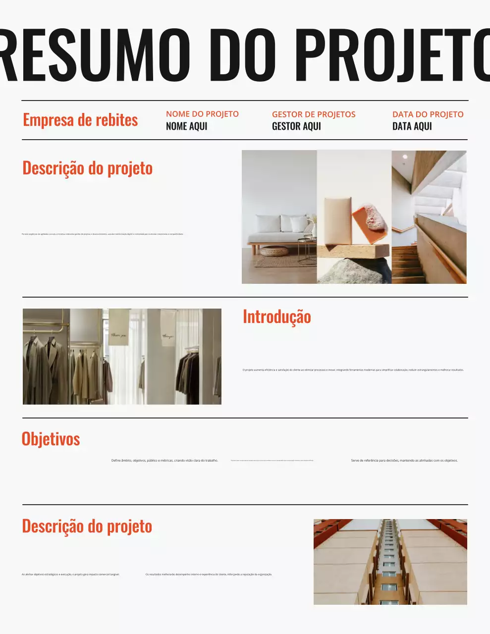 Carta de relatório resumido do projeto minimalista em preto e laranja