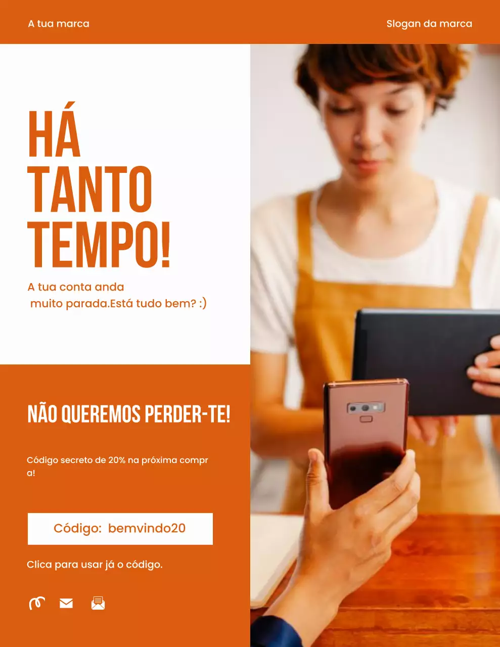 Carta de campanha com lembrete de moda minimalista e ousada em laranja e branco