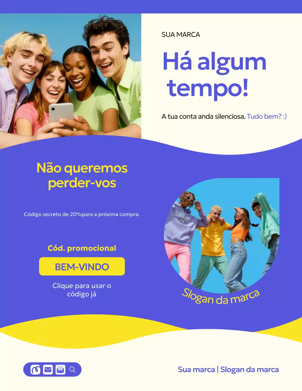 Carta de campanha de lembrete da marca de varejo em azul e amarelo, com um toque lúdico.