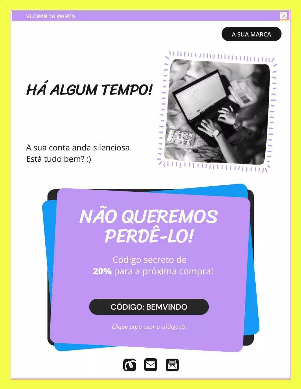 Carta de campanha de reforço da marca em amarelo e azul