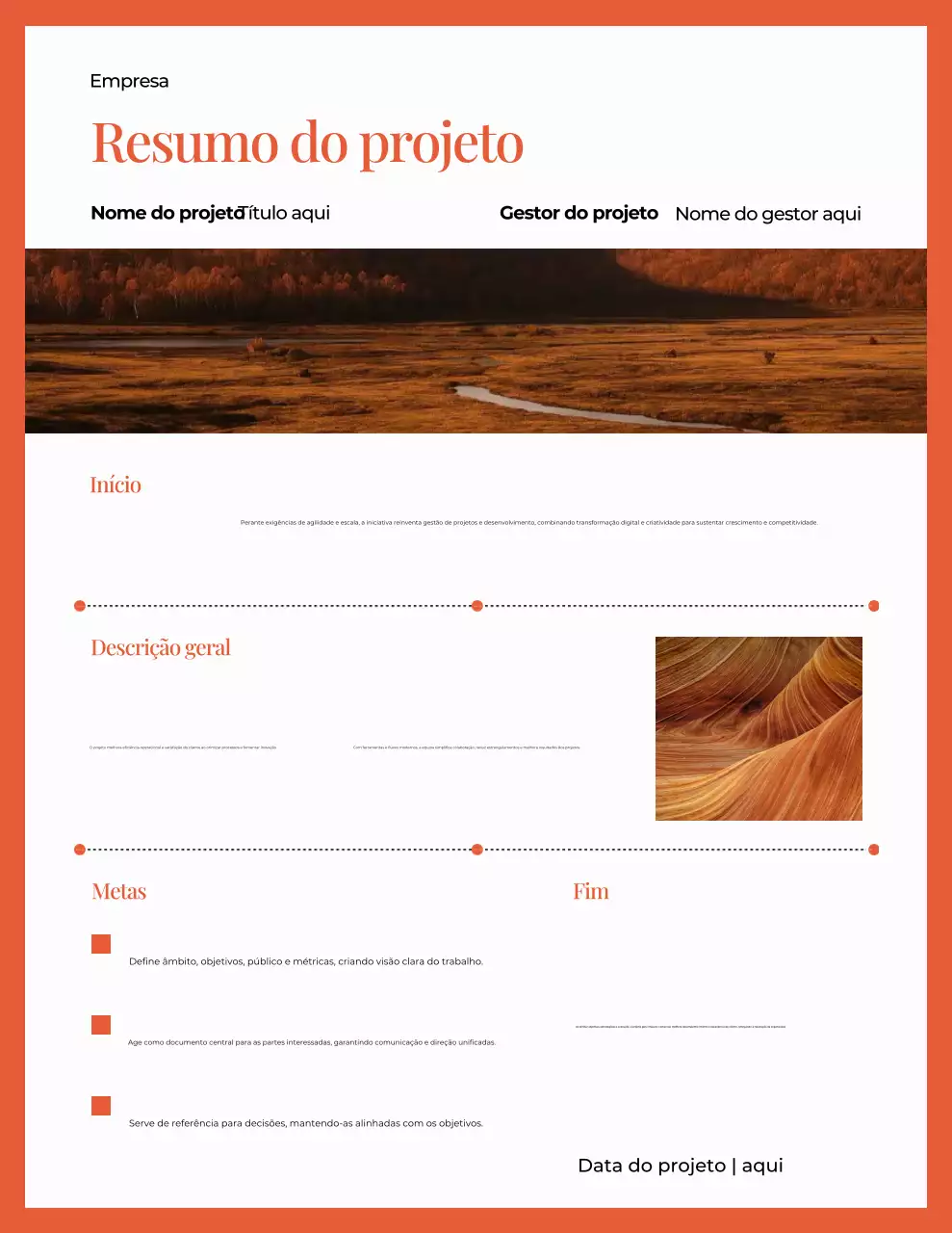 Carta de apresentação do projeto minimalista moderno em branco e laranja