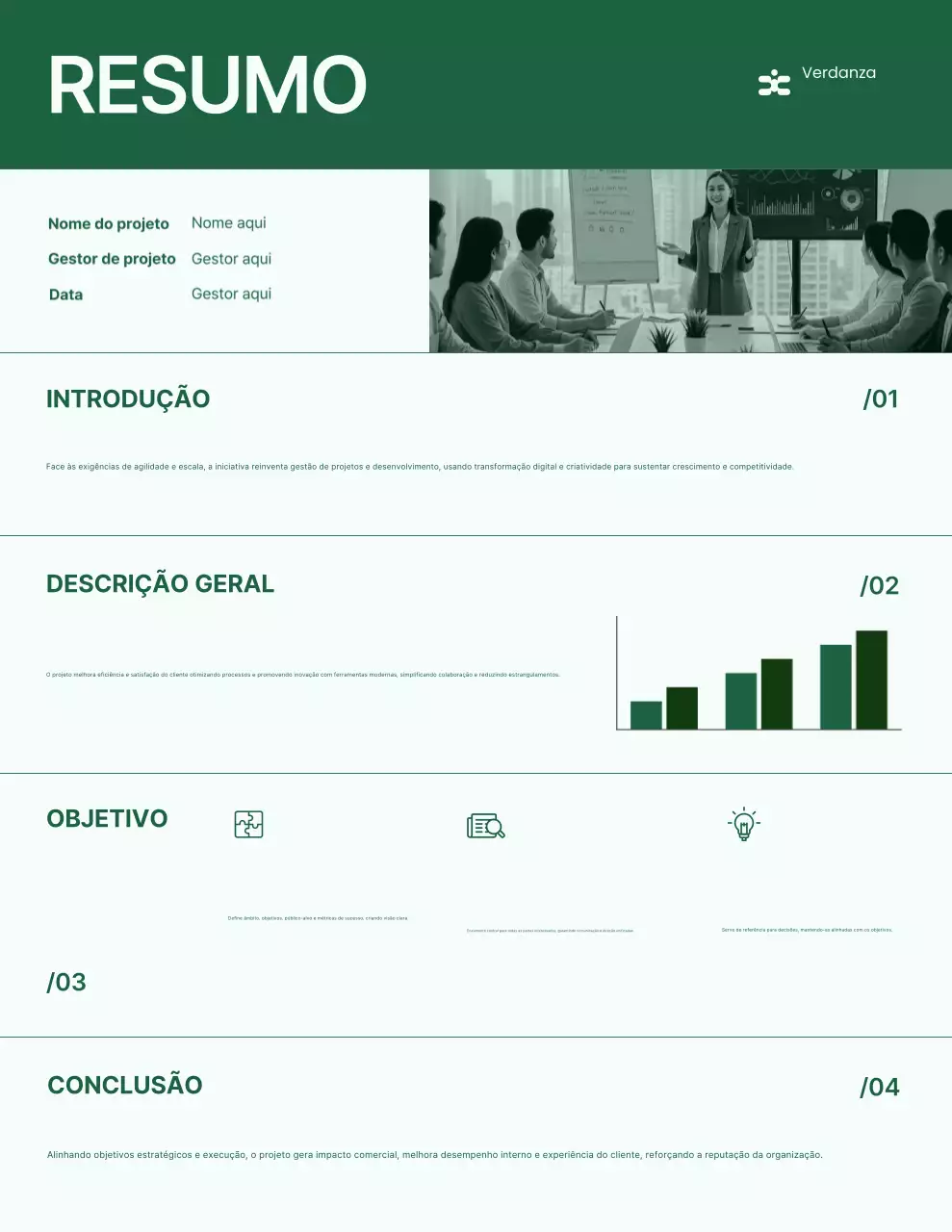Carta de apresentação do projeto minimalista em verde e branco