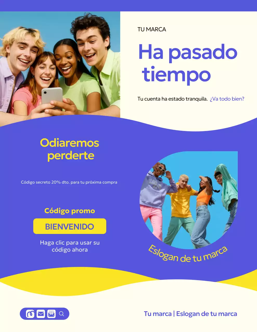 Carta recordatoria de campaña de la marca minorista lúdica azul y amarilla