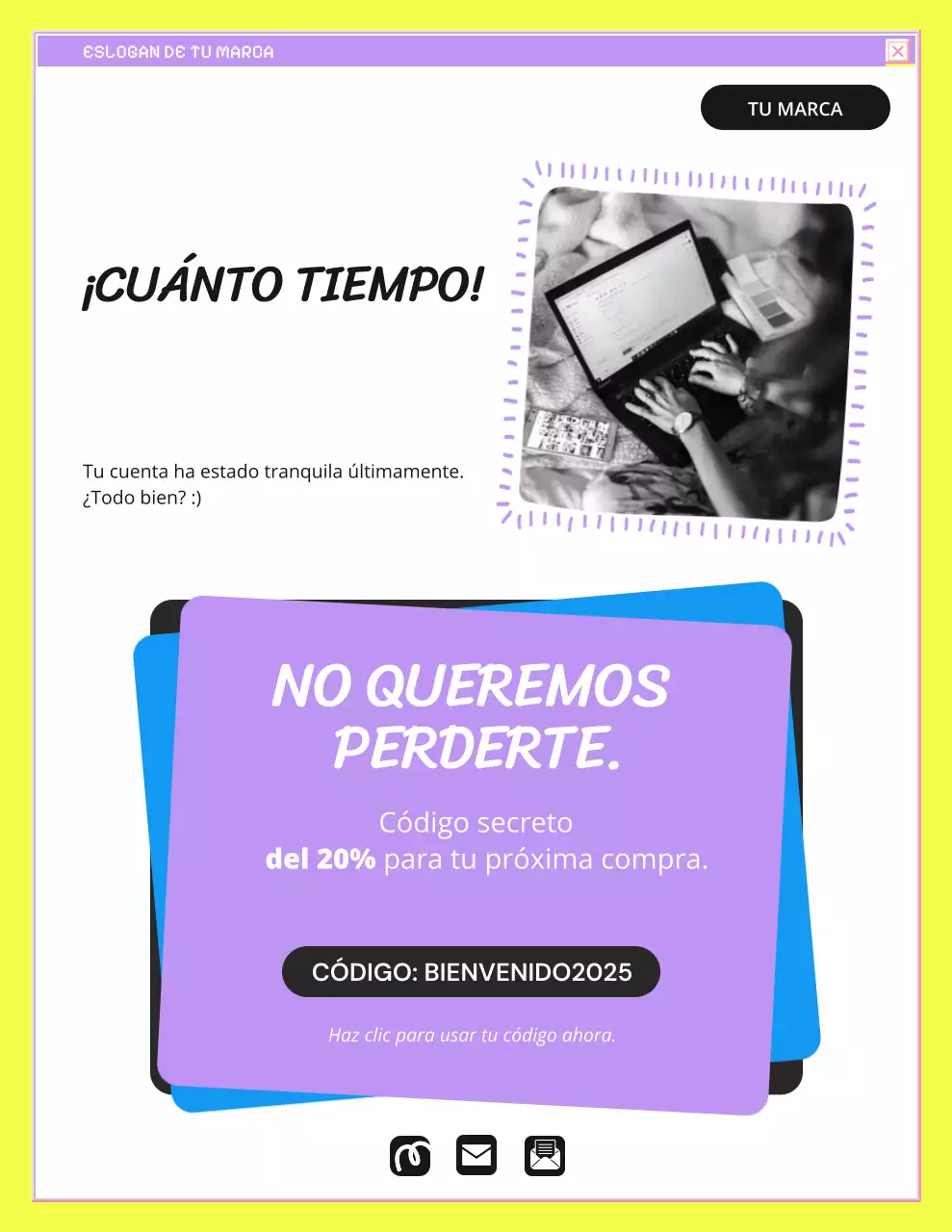 Carta recordatoria de marca en negrita amarilla y azul