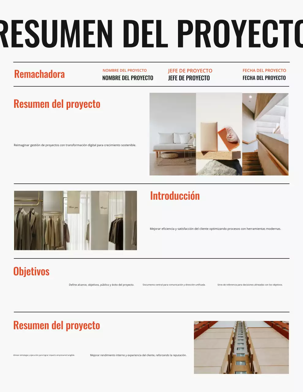 Carta de informe breve de proyecto minimalista en negrita, negro y naranja