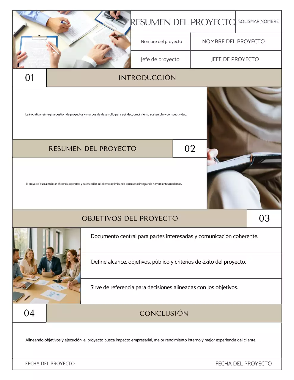 Carta informativa sobre el proyecto de cuadrícula minimalista en beige y blanco