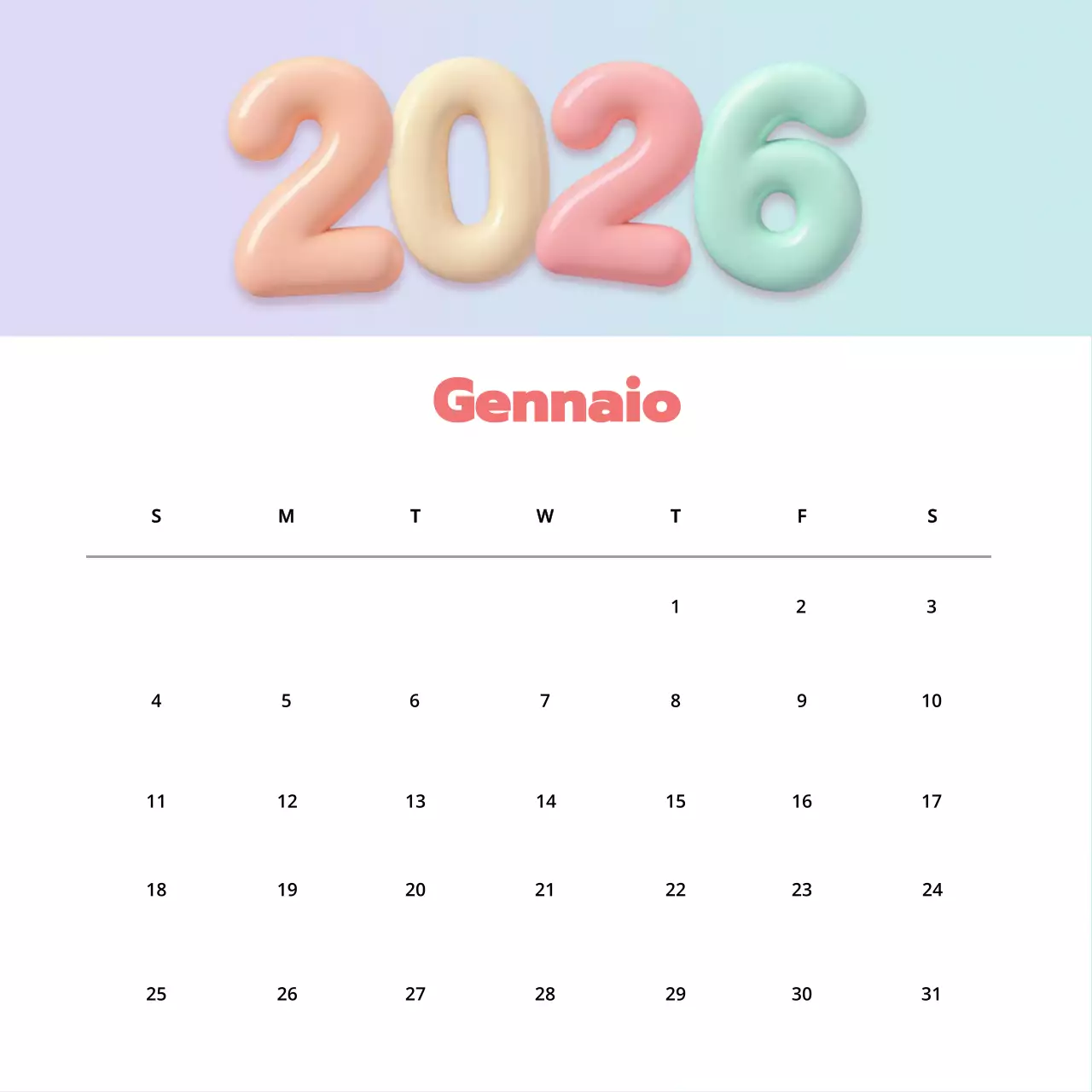 Calendario pastello 2026