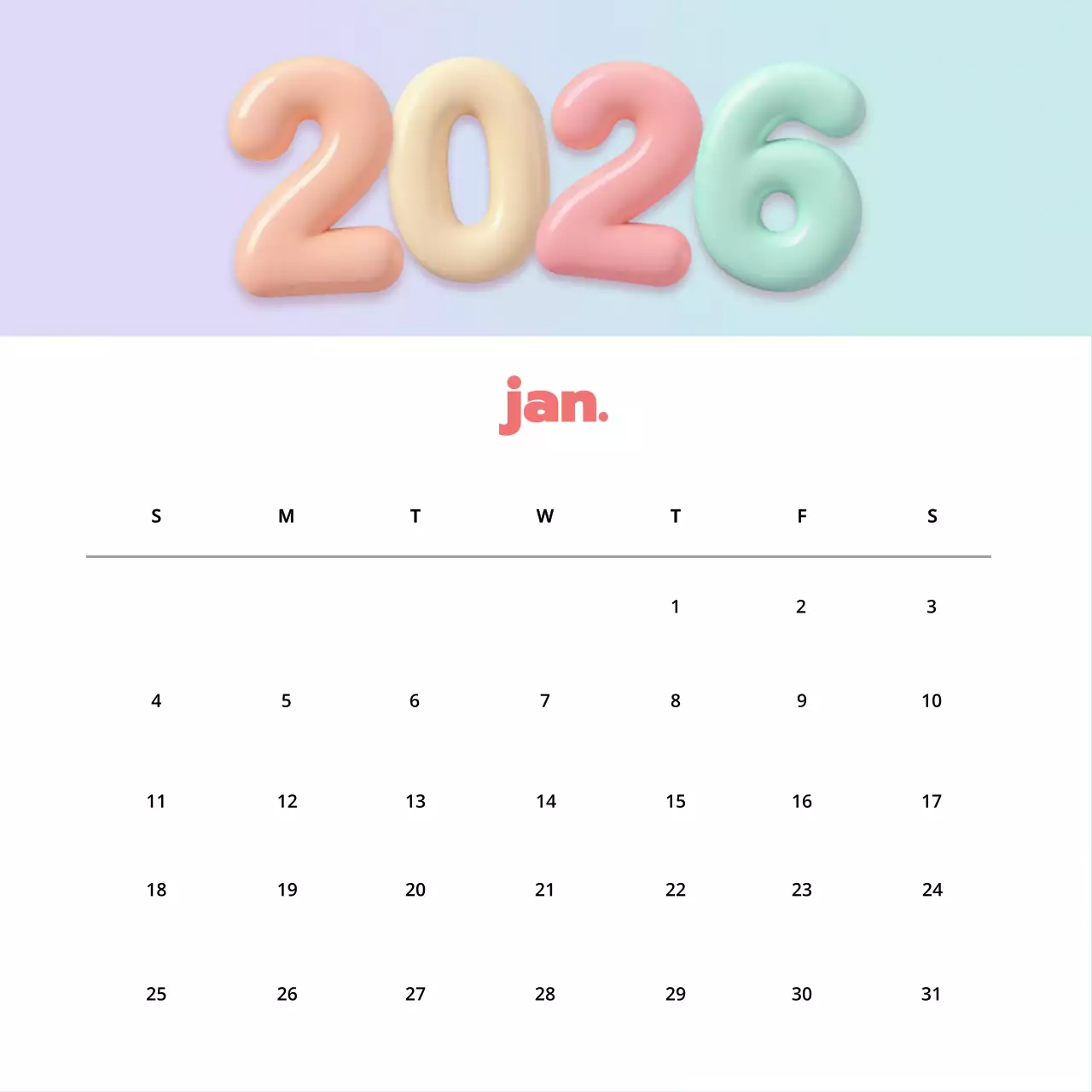 Calendário Pastel 2026