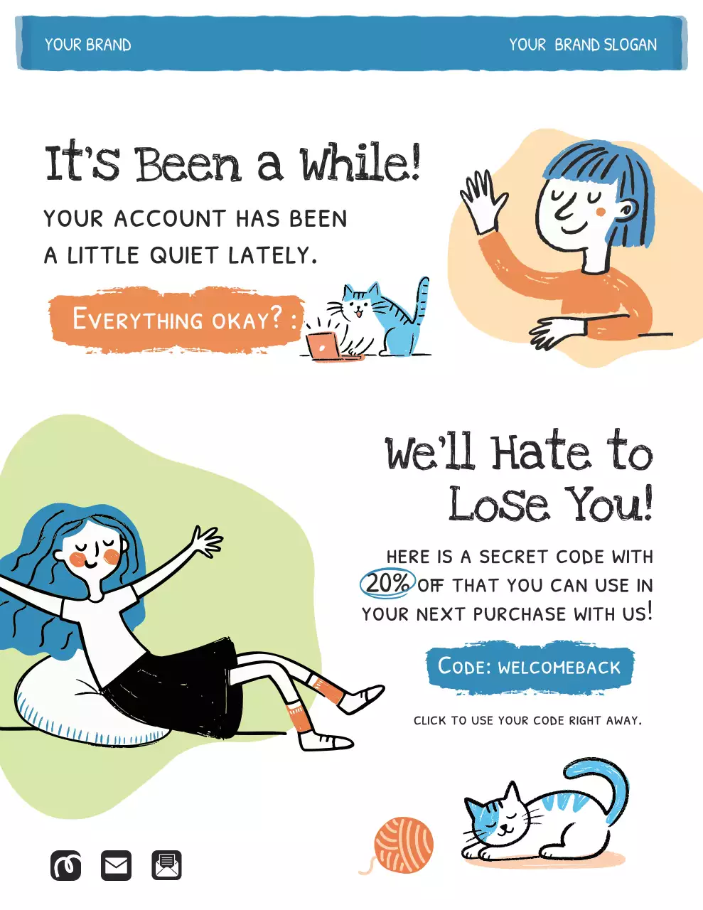 주황색과 파란색으로 손으로 그린 ​​삽화 형태의 캠페인 알림 편지