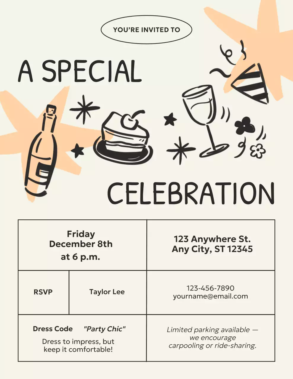 Black and Beige Doodle Celebration Invitation