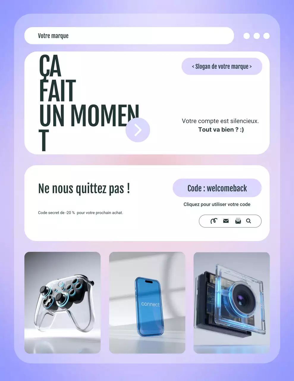 Lettre de rappel de produit électronique à interface utilisateur minimaliste violette et blanche