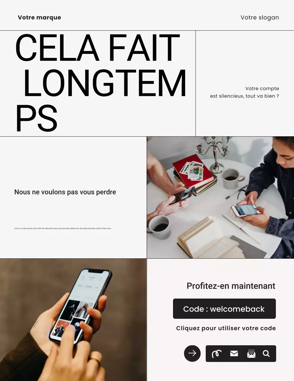 Lettre de rappel de campagne de mode minimaliste blanche et noire