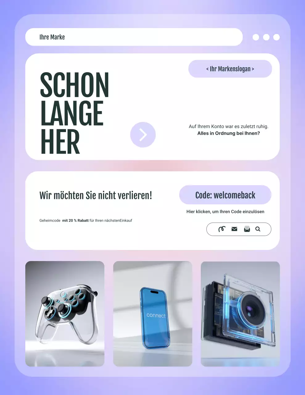 Kampagnenbrief für elektronische Produkte mit minimalistischer Benutzeroberfläche in Lila und Weiß