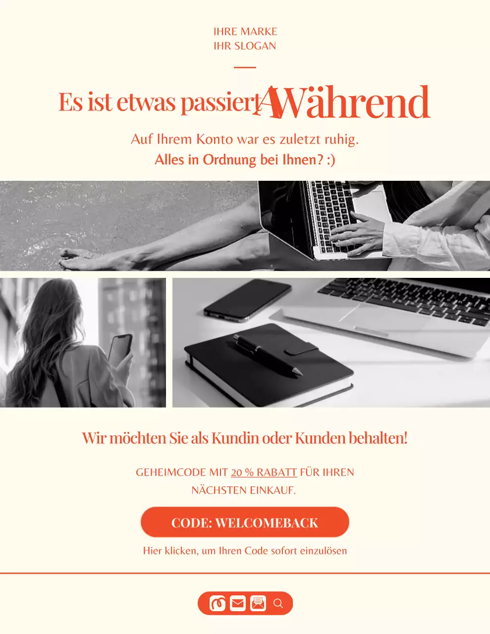 Erinnerungsschreiben für die Kampagne der minimalistischen Modemarke in Orange und Creme