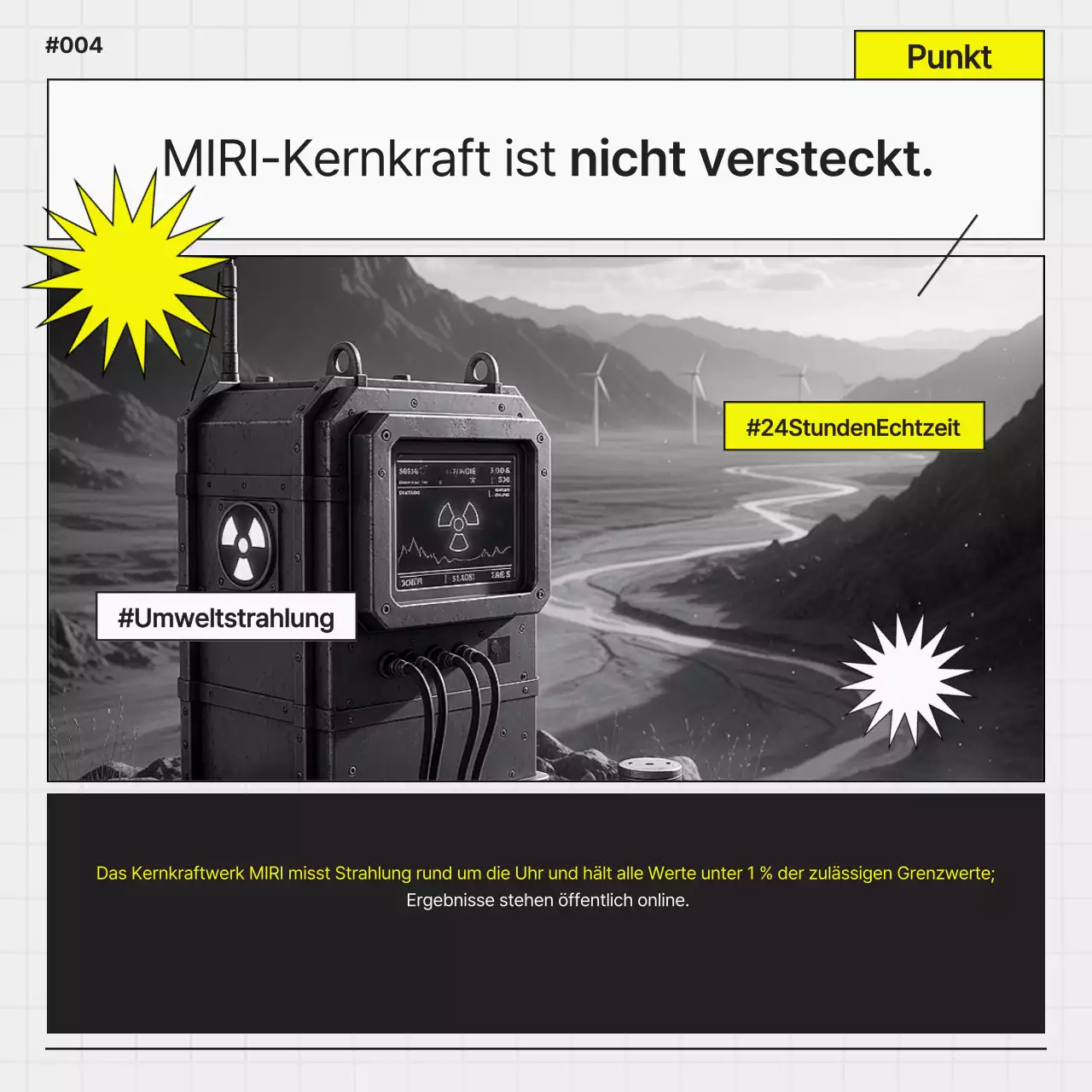 Einfache Werbung für Kernkraftwerke in Schwarz und Gelb