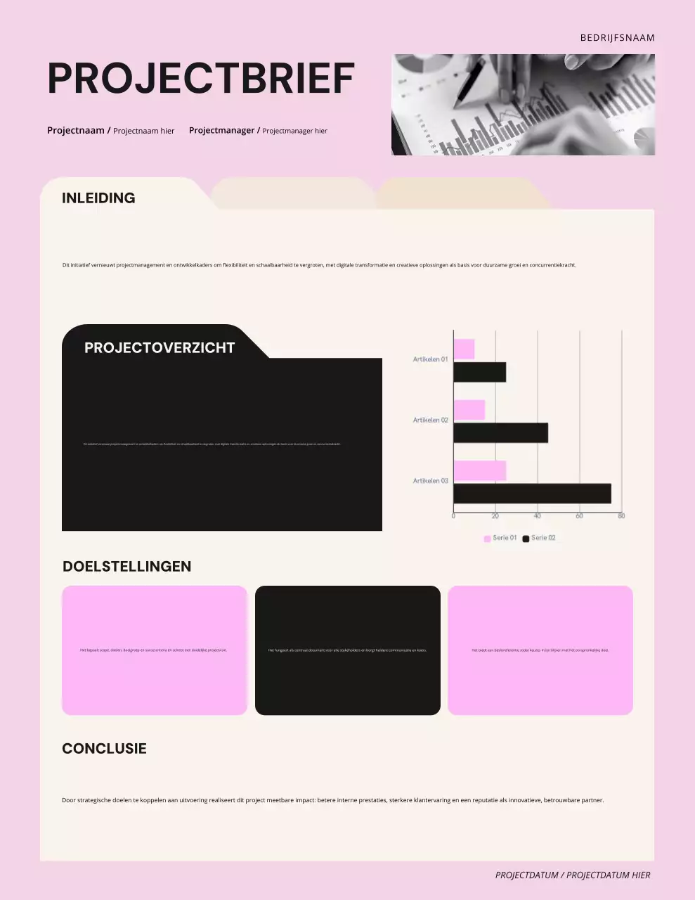 Brief met een beschrijving van een modern, minimalistisch project in roze en zwart
