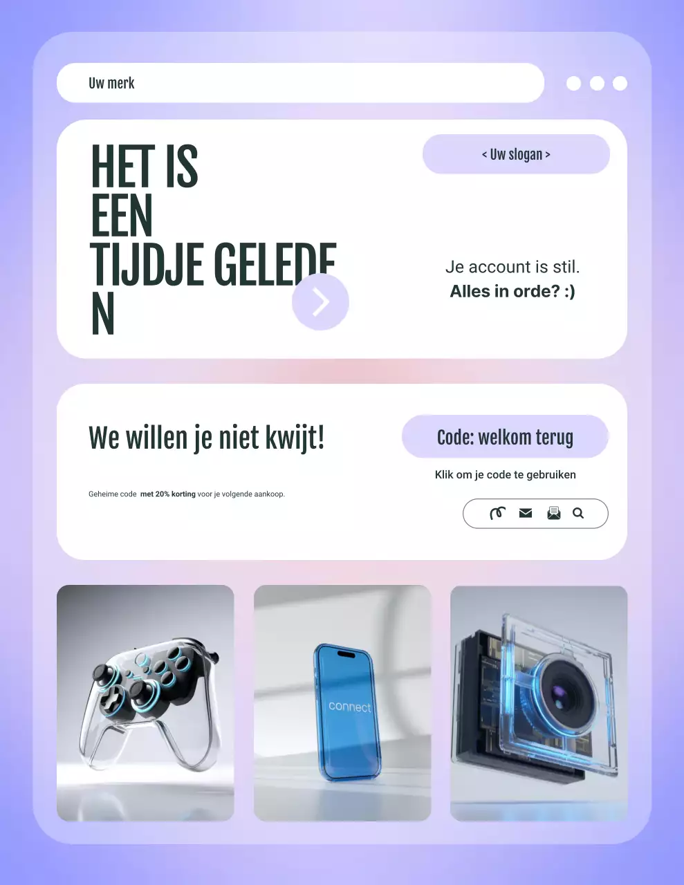 Paarse en witte minimalistische gebruikersinterface, herinneringsbrief voor elektronische productcampagne